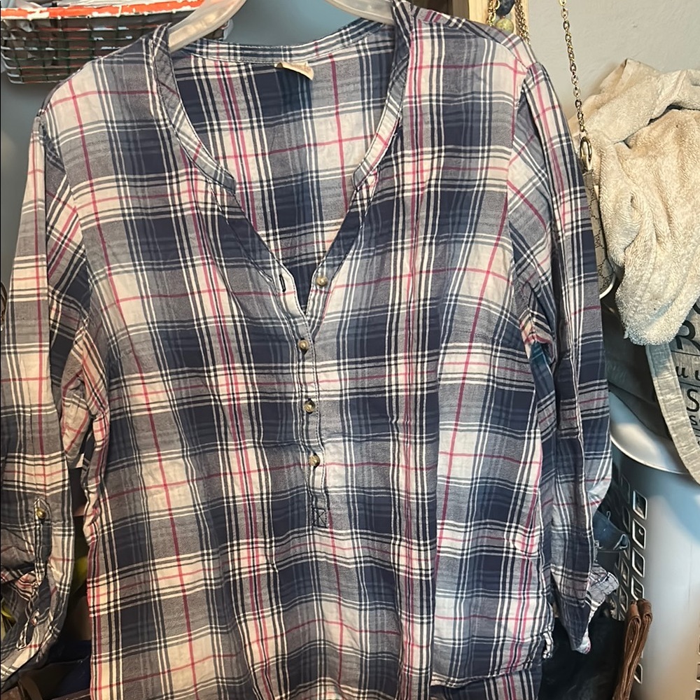 Faded Glory Blue and Pink Button Down Shirt with V-Neck
